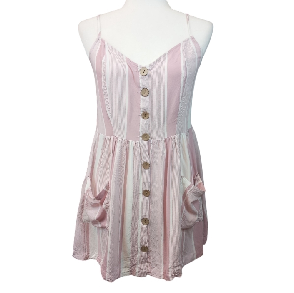 Ocean Drive Button Down Spaghetti Strap Pink and White Striped Mini Dress Size M